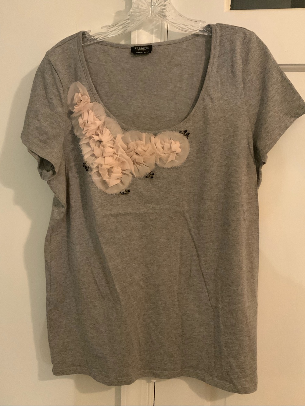 Talbots Gray Scoop Neck Cotton Tee with Blush Floral Appliqués